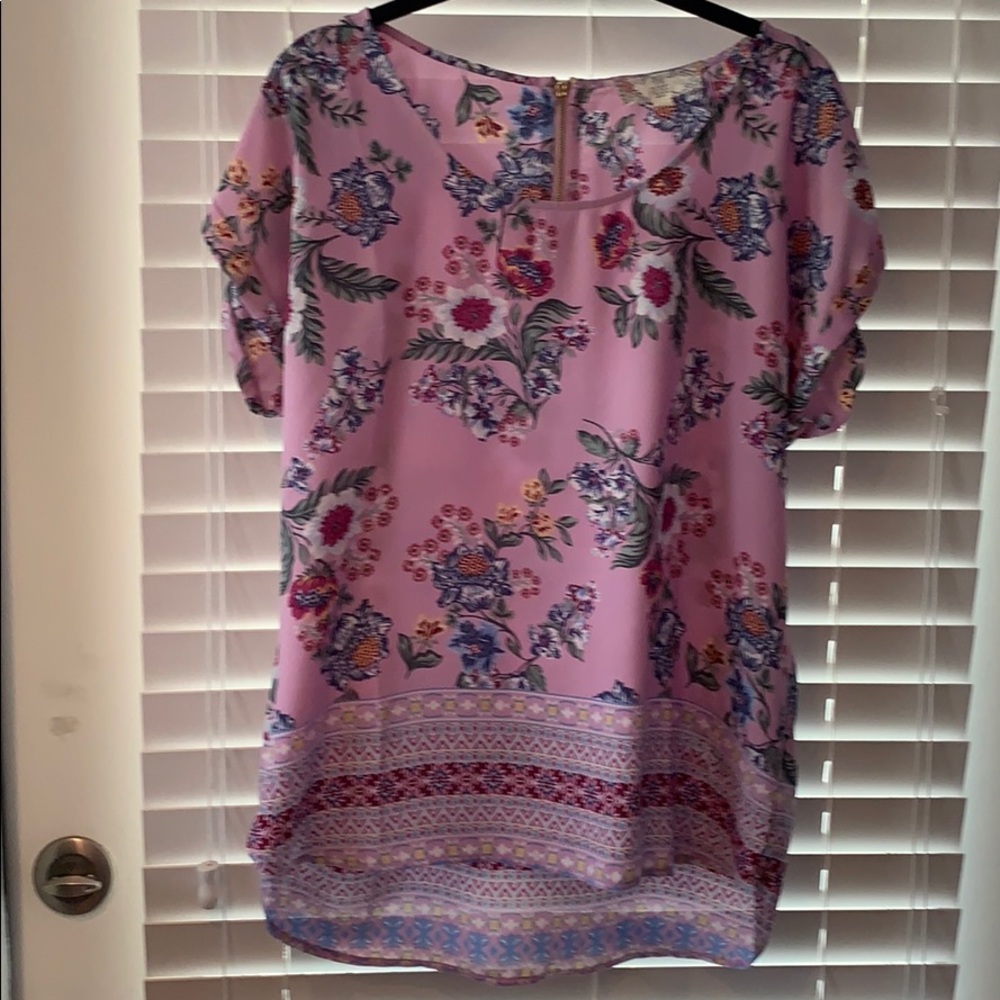 Pink Rose Lavender Purple Floral Blouse Large